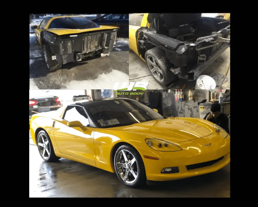 Corvette collision damage before and after repair