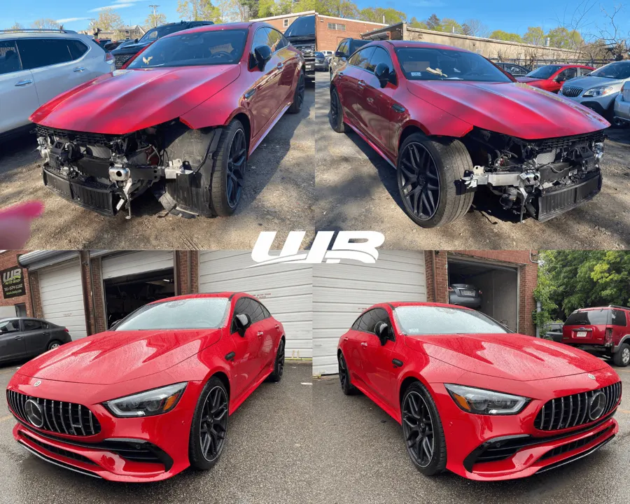 Mercedes-Benz front-end damage before and after repair