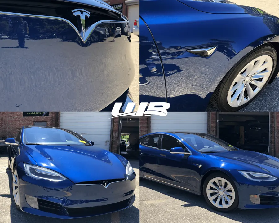 Tesla front bumper before and after repair