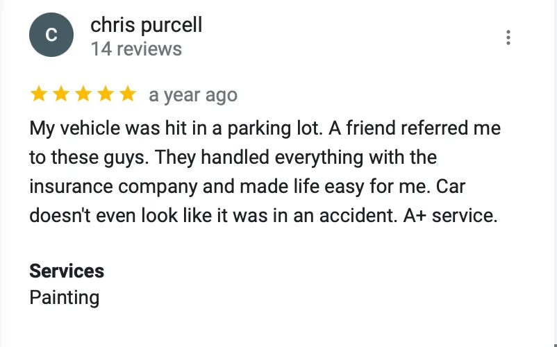 Five-star Google review from Chris Purcell: they handled everything with the insurance company, A+ service