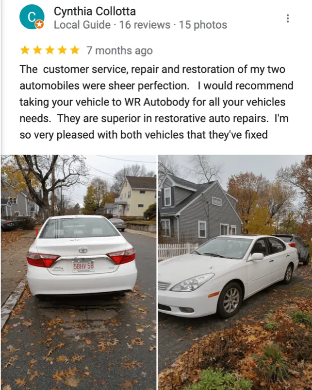 Five-star Google review from Cynthia Collotta with photos of her repaired white cars